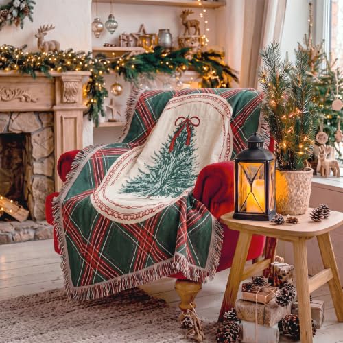 Retro Christmas Tree Woven Blanket - Green Tartan Plaid Throw 50x60