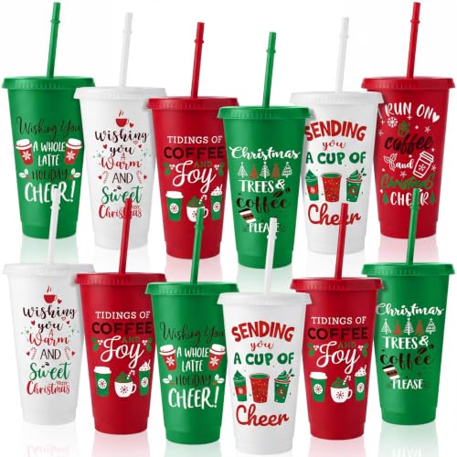 Vesici 12 Pack 24 Oz Christmas Plastic Cups with Lids and Straws – Joy Edition