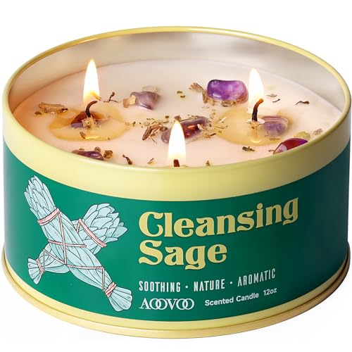 Sage Cleansing Candle with Crystals - 12oz 3-Wick Soy Aromatherapy Candle