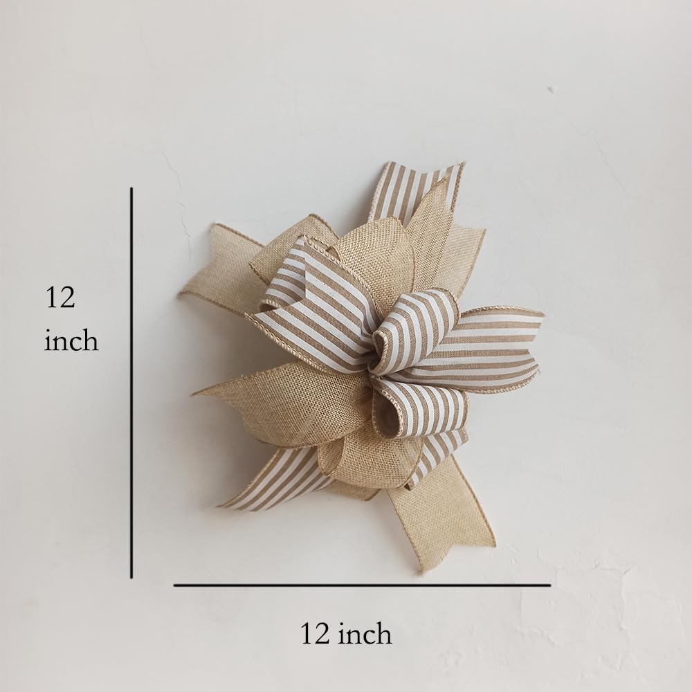 Regine Switzerland Vintage Beige Stripe Farmhouse Lantern Bow - Rustic Door Hanger Wreath Embellishment