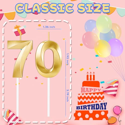 Gold Number 70 Birthday Candles - Cake Topper for 70th Parties