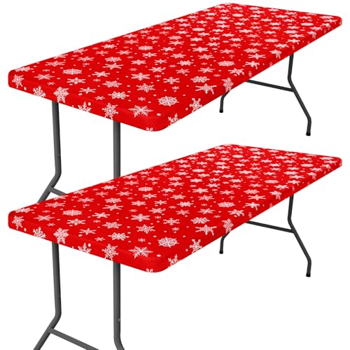 Moosfor 2 Pack 6FT Rectangular Elastic Christmas Tablecloths White & Red 72x30