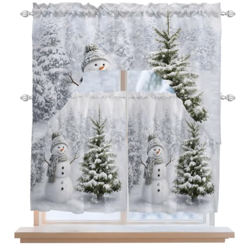 Christmas Kitchen Curtain and Valance Set 3 Pieces - Grey Snowman & Pine Tree Short Tier Curtains, 27.5"W x 24"L, Variations of THIS listing