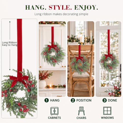4Pcs 12" Mini Christmas Wreath Cabinet Wreaths for Kitchen Red Bow