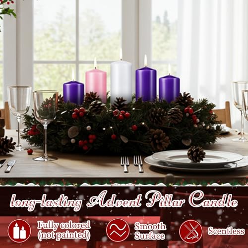 Amylove 10 Pcs 3x6 Inch Unscented Advent Candle Set Pink Purple White for Christmas Wreaths