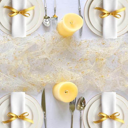 AerWo 8 Pcs Gold Table Runner 10FT Sheer Sparkle Wedding Party Decor