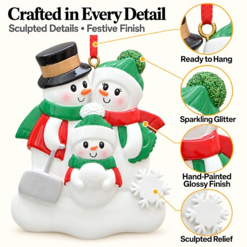 Personalized Snowman Family of 3 Christmas Ornament with Snow Shovel - Holiday Decor