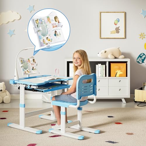 Height Adjustable Kids Study Desk and Chair Set with LED Lamp and Drawer