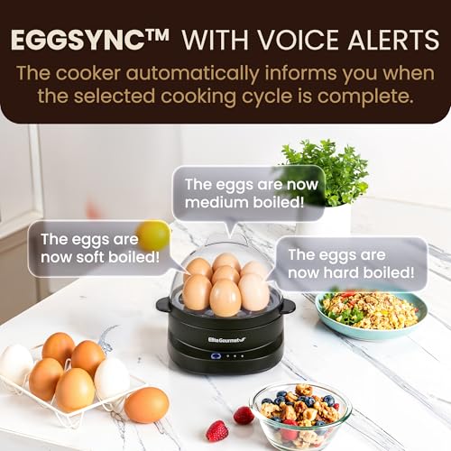 Elite Gourmet EGC587 EGGSYNC¢â Voice Alerts Easy Egg Cooker, 7-Egg Capacity, Soft, Medium, Hard-Boiled Settings, Measuring Cup with Piercing Pin, Auto Shut-Off, BPA-Free
