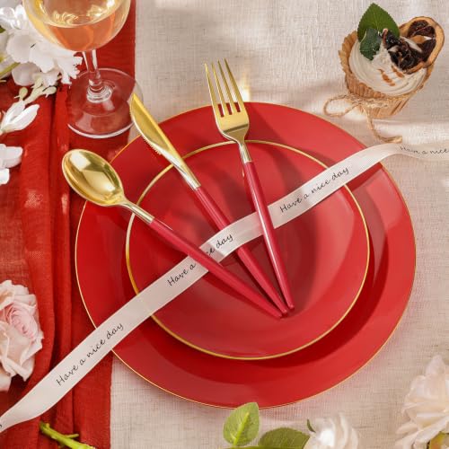 50 Guests Red & Gold Disposable Plastic Plates Dinnerware Set - 350 Pcs