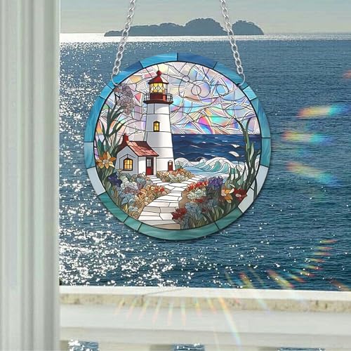 Stained Glass Lighthouse Suncatcher - Round Window Panel Art