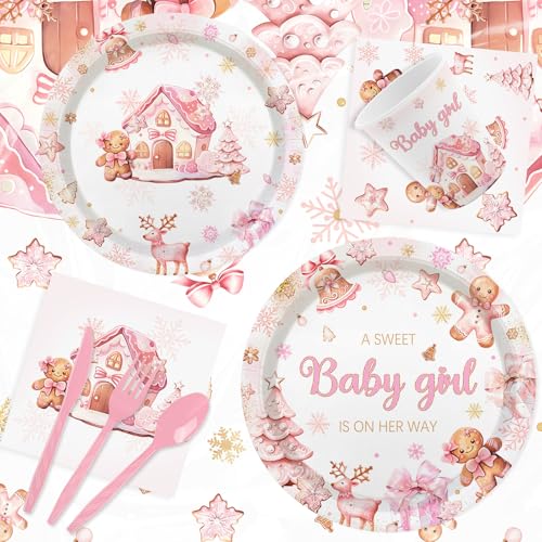 Pink Gingerbread Baby Shower Disposable Tableware Set for 24 Guests