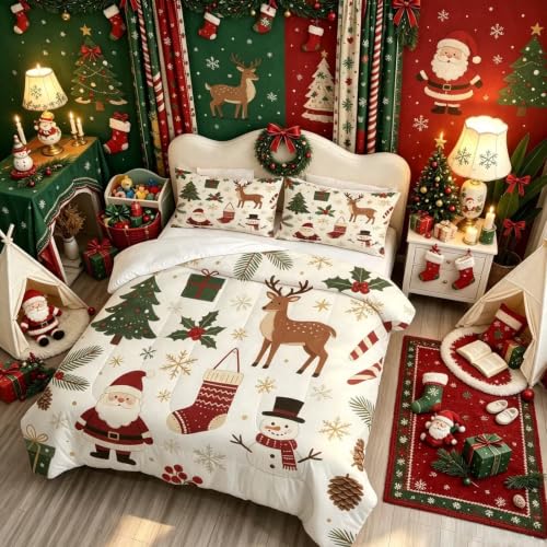 Kids Christmas Comforter Set Full - DJNEAR Santa Snowman Bedding 79x90in