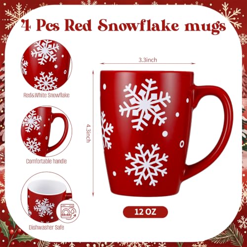 Bokon 4-Piece 12oz Snowflake Ceramic Mugs Set, Red