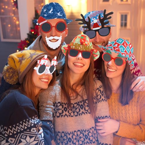 NICOWARM 12pc Christmas Photo Booth Prop Kit with Fedora Hats & Party Sunglasses