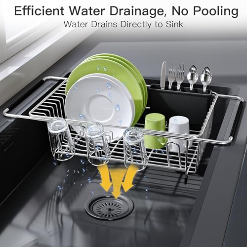 Expandable Stainless Steel Over the Sink Dish Drying Rack with Utensil Holder