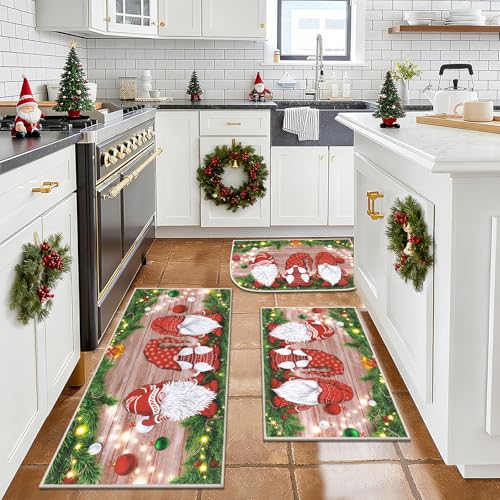 Christmas Gnomes Kitchen Rugs Set of 3 - 18x30, 18x30DShape, 20x40 Runner, Non Slip