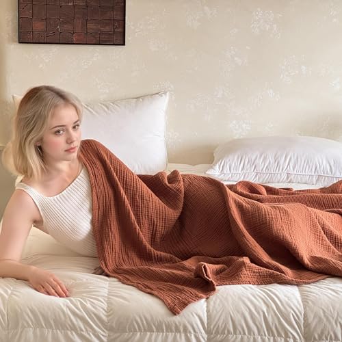 100% Cotton Muslin Blanket King Size - Soft & Breathable 4-Layer Design (Rust Orange, 104" x 92")