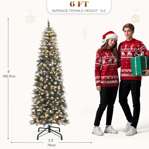 YITAHOME 6 FT Prelit Pre-Decorated Pencil Christmas Tree with Remote, Green Pine Cones