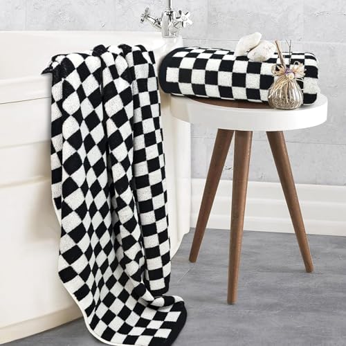 Black and White Checkered Cotton Bath Towels - 27.5" x 55" Set of 2
