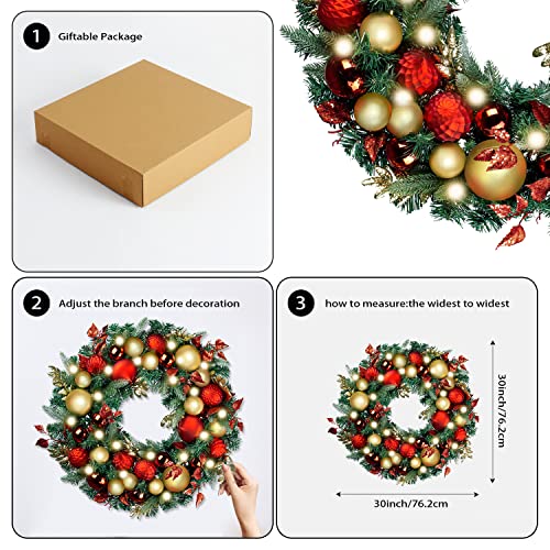 30-Inch Pre-Lit Christmas Wreath with LED Lights, Red and Gold Ornaments