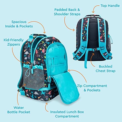 Bentgo Kids 2-in-1 Backpack & Insulated Lunch Bag - Durable 16¡± Backpack & Lunch Container in Unique Prints for School & Travel - Water Resistant, Padded & Large Compartments (Dinosaur)