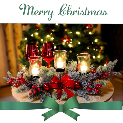 Red Christmas Table Centerpiece with 3 Glass Candle Holders & Berries