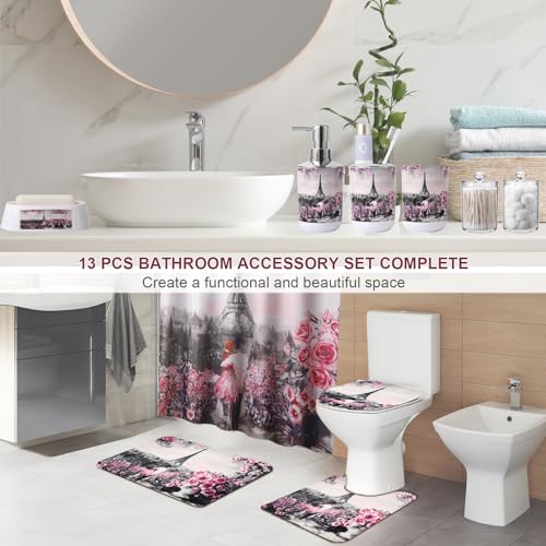 Pink Paris 9-Piece Bathroom Accessories Set with Shower Curtain & Trash Can