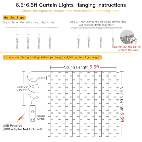 Suddus 200 LED Curtain Fairy Lights with Remote, 6.5x6.5ft Warm White USB Powered Indoor Outdoor Christmas Wedding Decor