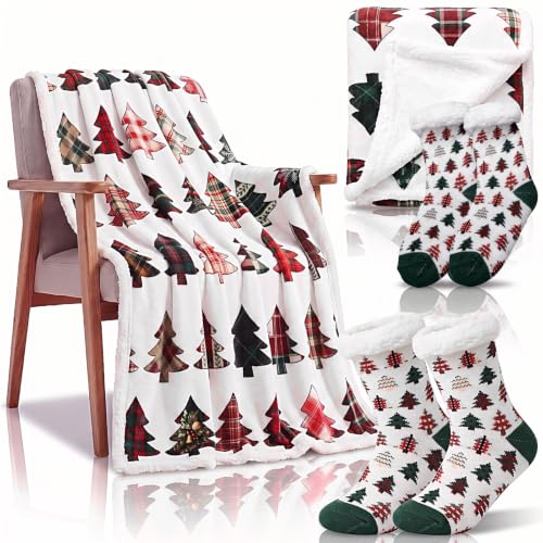 Lounsweer Christmas Sherpa Throw Blanket & Slipper Socks Vintage Tree Set