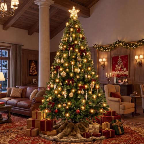 NEWBULIG 9 Ft Pre-Lit Artificial Christmas Tree with Green Branches & 8 Light Modes
