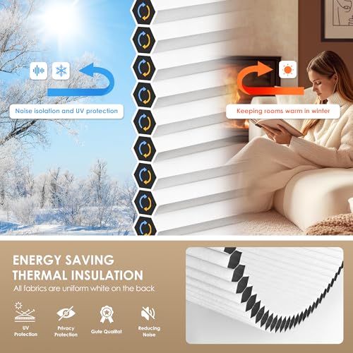 No Drill Cordless Cellular Shades, 22" W x 36" H White Blackout Honeycomb Blinds