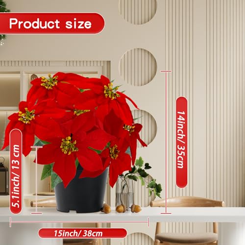 1PC Red Poinsettias Artificial Christmas Flowers, 9 Heads, 14 Inch Faux Plant for Holiday Decor