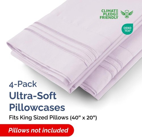 King Pillow Cases by Luxurious Home | Ultra Soft Hotel Quality, Wrinkle-Free & Fade Resistant - Light Lavender, Set of 4