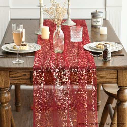 28x120 Inch Red Gold Gauze Table Runner 10Pcs Glitter Metallic Sheer Decor