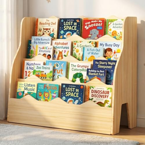4-Tier Wooden Kids Bookshelf, Front-Facing Montessori Book Organizer