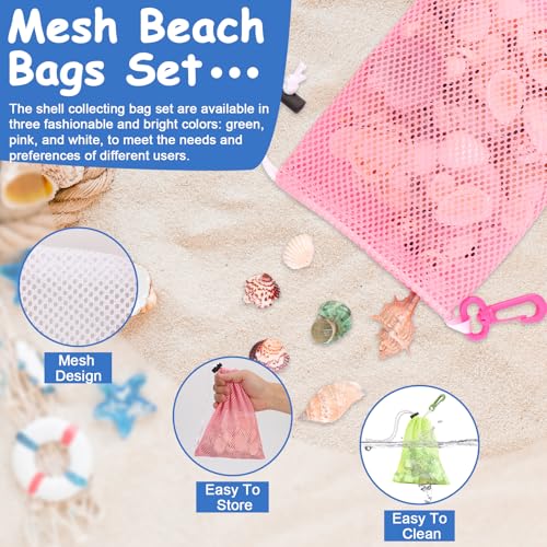 3 Pcs Mesh Beach Bags for Kids, Shell Collecting Net with Toggle Closure