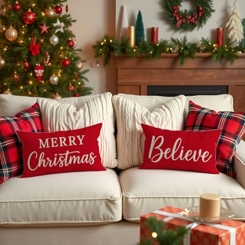 PANDICORN Christmas Pillow Covers 12x20 Set of 2 - Merry Christmas Believe Red