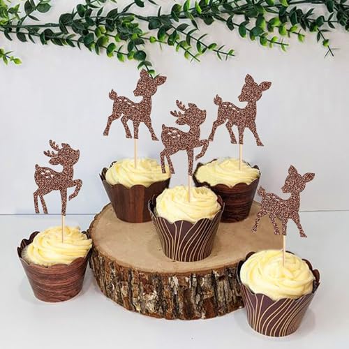 Variation2: 24Pcs Glitter Brown Fawn Deer Cupcake Toppers Picks