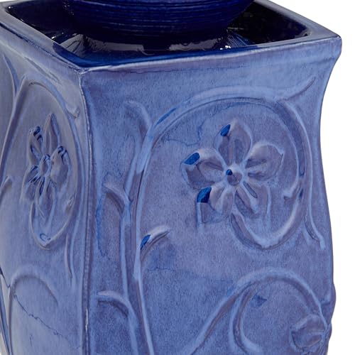 29-Inch Ceramic Outdoor Floor Fountain with LED Light, Blue Sphere Design