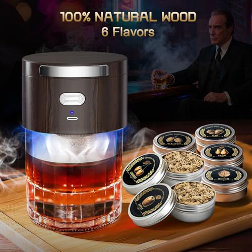 Aromara Brown Electric Whiskey Smoker Kit with 6 Flavor Wood Chips – Old Fashioned Whiskey Gift Set, Home Bar Accessories