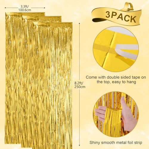 Gold Foil Fringe Backdrop Curtains 3 Pack - 3.3x8.2 Feet Tinsel Streamers