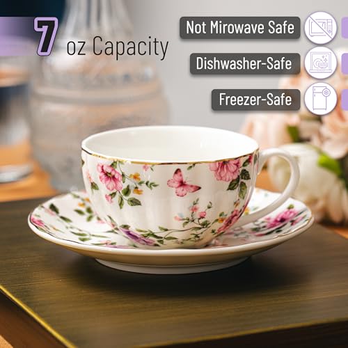 Midnight Florals Porcelain Tea Cups & Saucers Set of 6 - 7 oz, Brew To A Tea