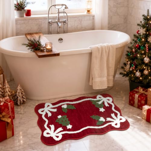 Uphome Christmas Bow Red Scalloped Bathroom Rug 22x36 - Non Slip Holiday Bath Mat