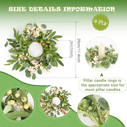 4 Pcs Eucalyptus Candle Rings 7.87 Inch Artificial Green Berry Wreaths