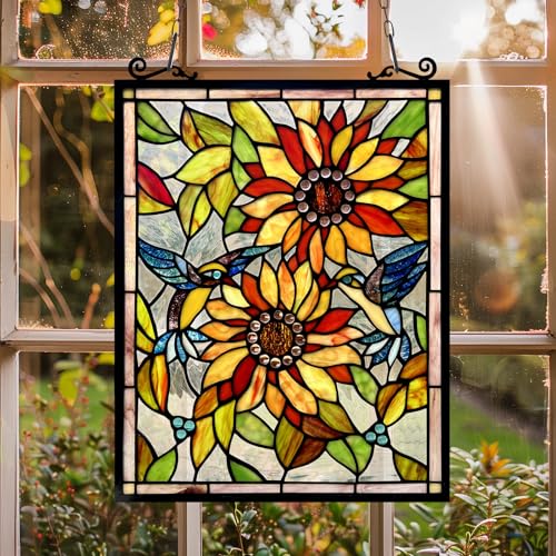 Handcrafted Sunflower and Birds Stained Glass Window Panel