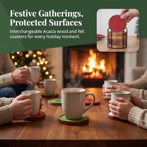 RIIOSUUON Christmas Atmosphere Coasters Set of 6 with Holder – Absorbent Felt, Replaceable Pads