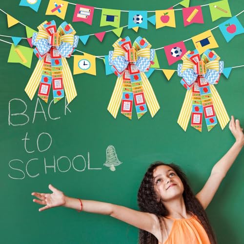 Back to School Wreath Bow - Yellow Blue Striped Burlap Ribbon Bow