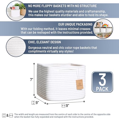 Woven Cotton Rope Storage Cubes 9x9x7 Inch Baskets with Handles (3-Pack)
