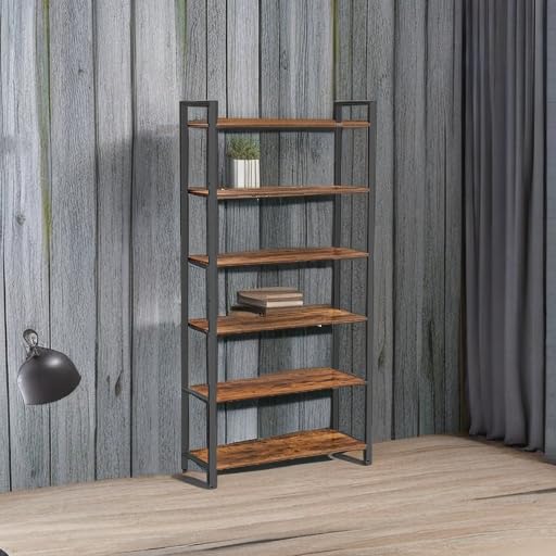 6-Tier Industrial Bookshelf with Steel Frame, Rustic Brown and Black